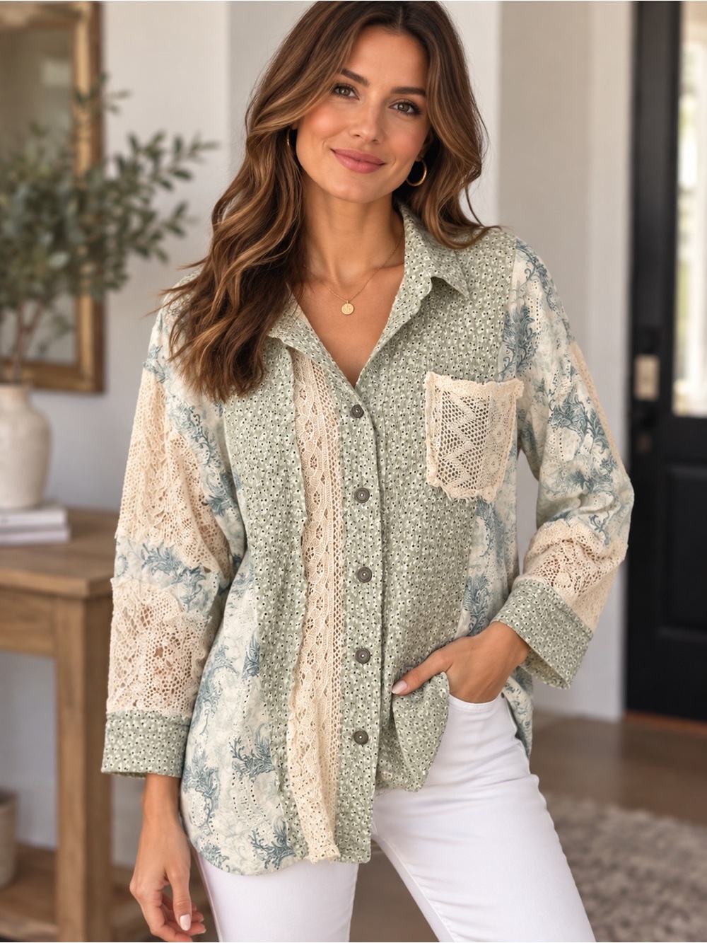 POL Sage Green and Cream Patchwork Lace Button-Down Shirt